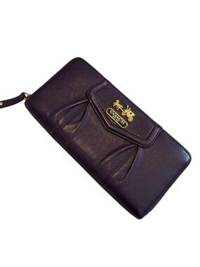Coach Purple Leather Zip Around Wallet with Gold Hardware and Carriage Logo